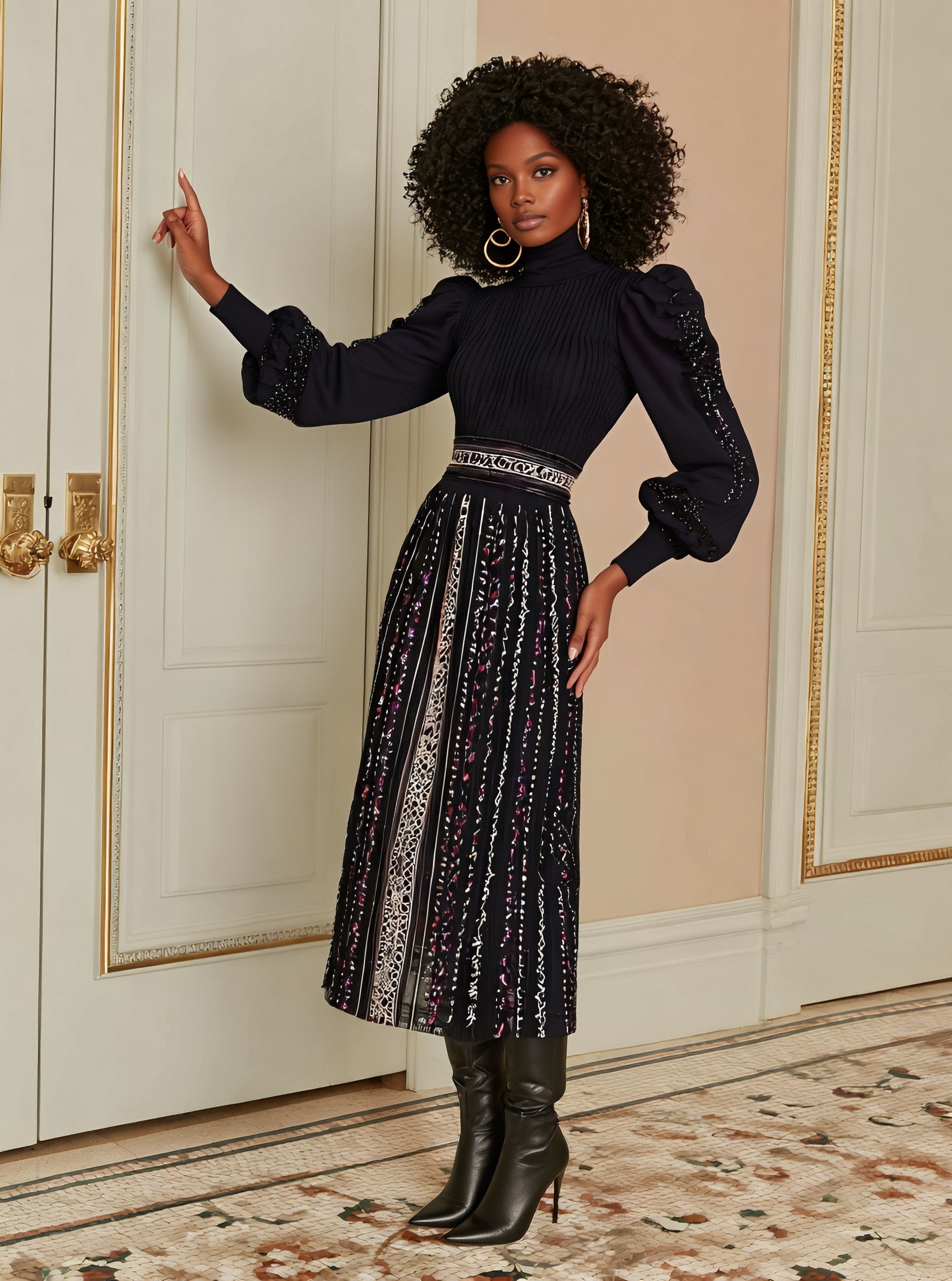 Casual Round Neck Lantern Sleeve Dress Autumn Fit A-Line Midi Skirt Style Women's Fashion Clothing