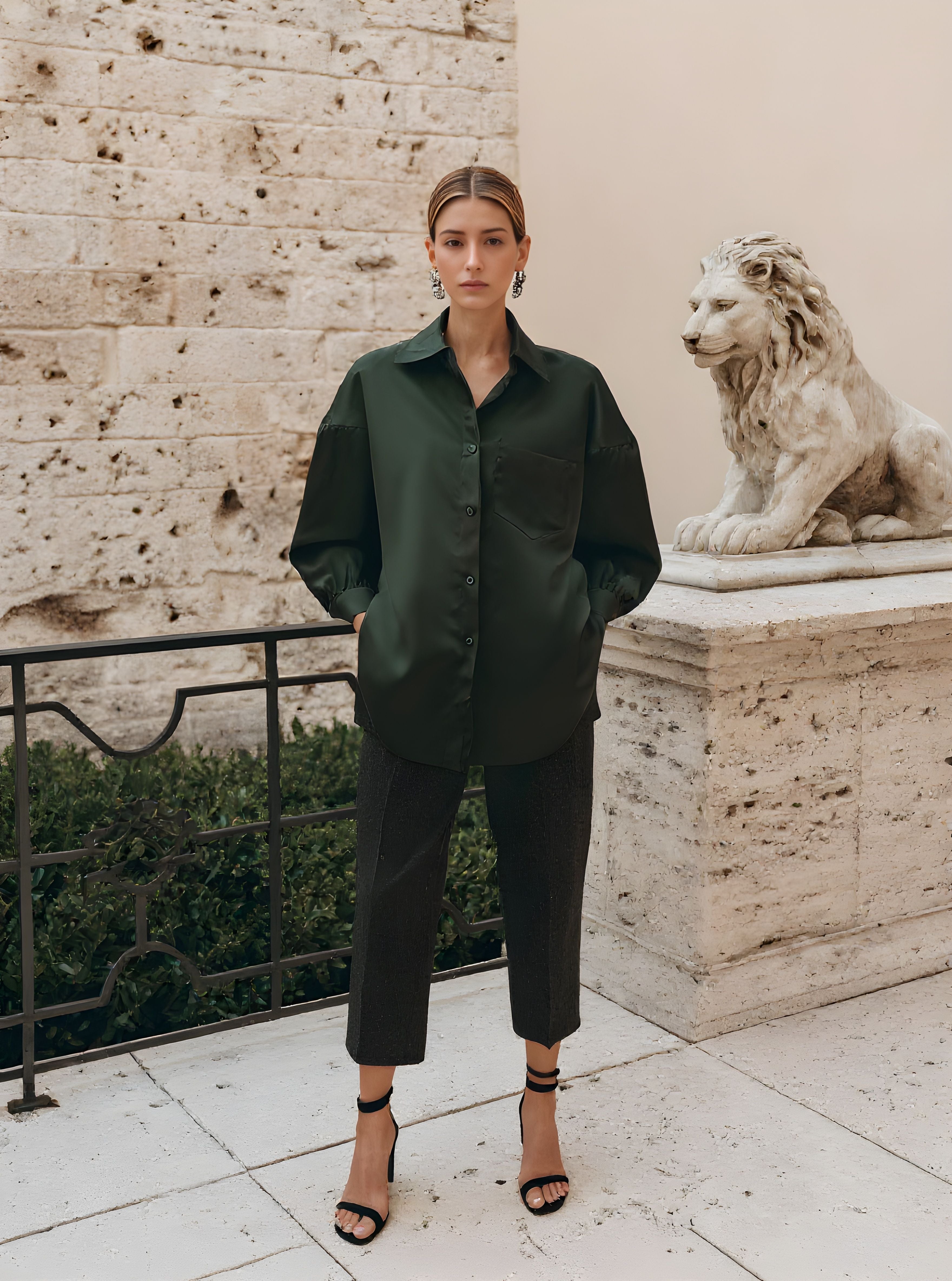 Women's Shirts 2025 Autumn Simple Decent Plain Single Breasted Button Front Lantern Sleeve Shirt Collar Casual Shirts