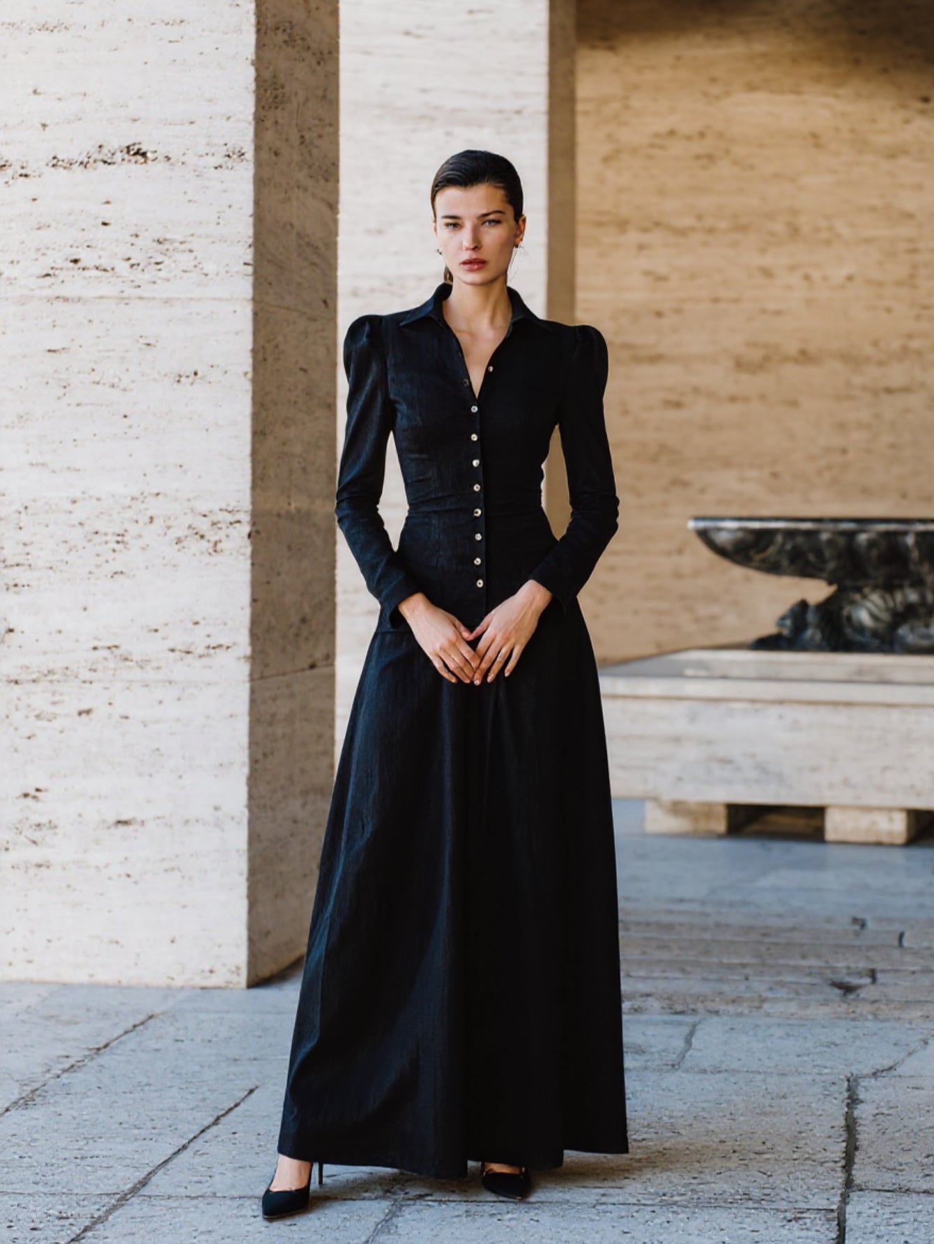 Women's Sets Autumn Winter Chic Plain Button Single Breasted Puff Sleeve Shirt Collar Maxi Dating Dresses Sets