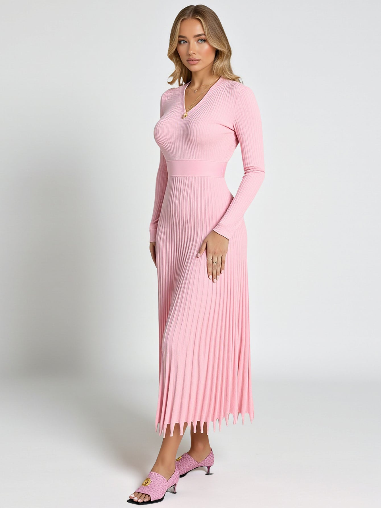 Women's Dresses Autumn Winter 2025 Daily Basic Solid Color Screw Thread Long Sleeve Round Neck Pleated Hem Fitting Slim Dresses