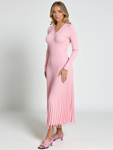 Women's Dresses Autumn Winter 2025 Daily Basic Solid Color Screw Thread Long Sleeve Round Neck Pleated Hem Fitting Slim Dresses