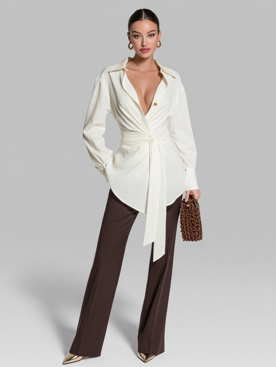 Autumn Shirts 2025 Women's Chic Plain Long Cuff Sleeve Shirt Collar Lace-Up Nipped Waists Basics Shirts