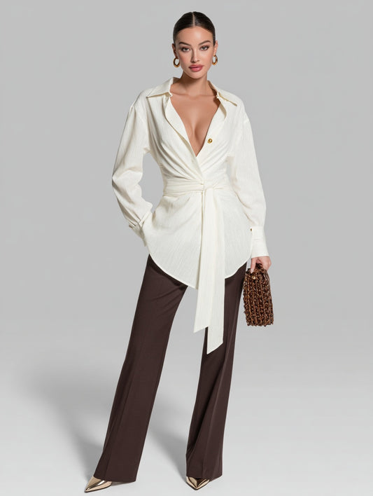 Autumn Shirts 2025 Women's Chic Plain Long Cuff Sleeve Shirt Collar Lace-Up Nipped Waists Basics Shirts