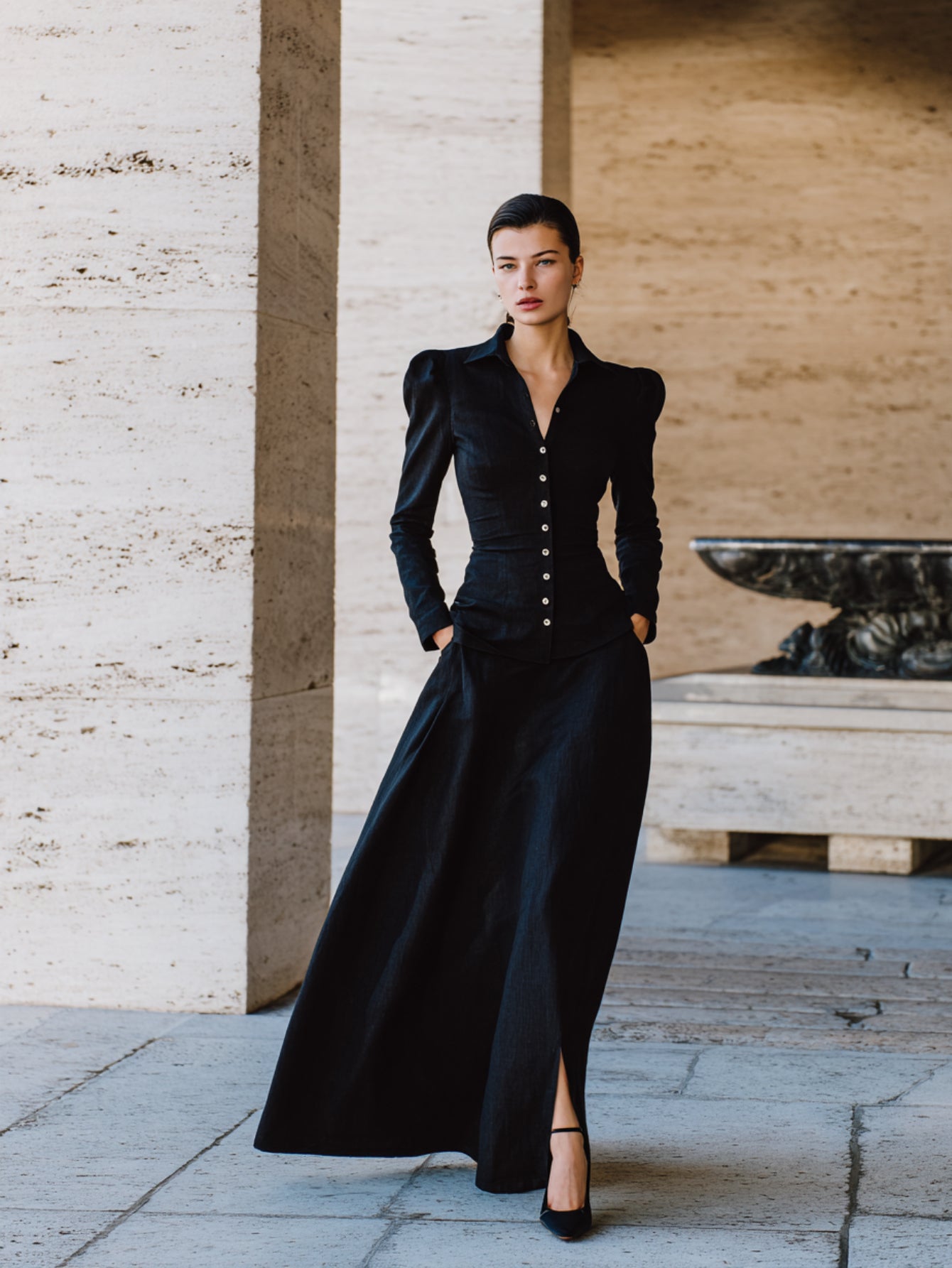 Women's Sets Autumn Winter Chic Plain Button Single Breasted Puff Sleeve Shirt Collar Maxi Dating Dresses Sets