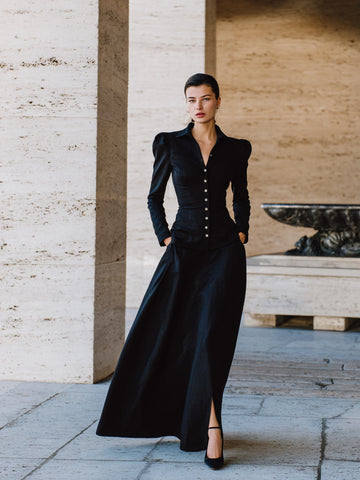 Women's Sets Autumn Winter Chic Plain Button Single Breasted Puff Sleeve Shirt Collar Maxi Dating Dresses Sets