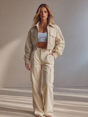 Women's Sets Autumn Winter Safari Style Plain Zipper Open Front Long Sleeve Lapel Full Length Cargo Pants Sets