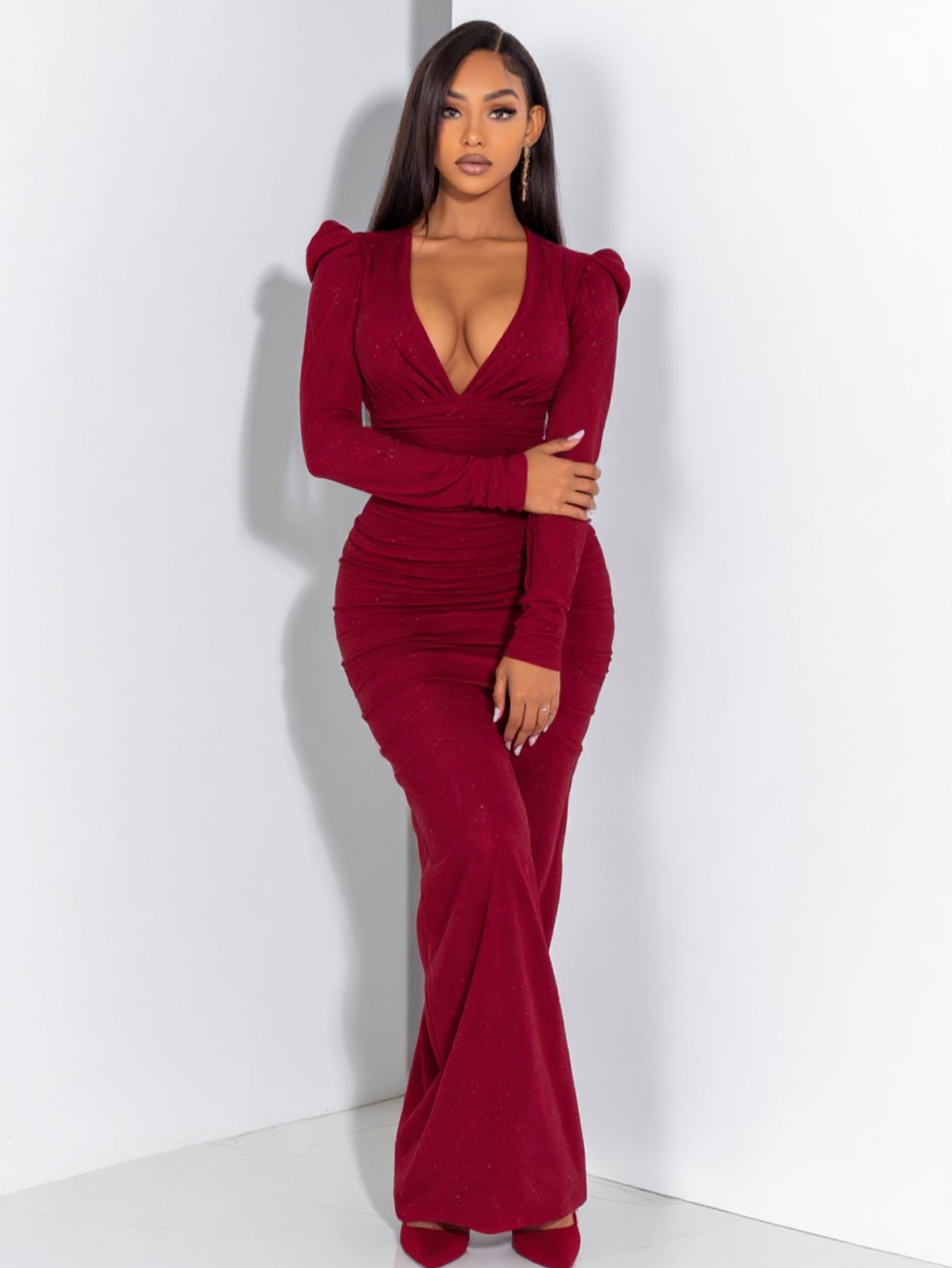 Women's Dress Autumn Elegant 2025 Plain Plunge V-Neck Long Sleeve Ruched Bodycon Full Length Evening Formal Dress