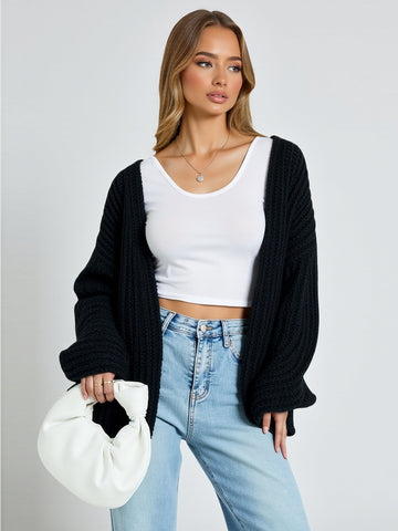 Korea Chic Autumn Loose Casual Solid Color Lantern Sleeve Knitted Cardigan Sweater Coat Versatile Lazy Style