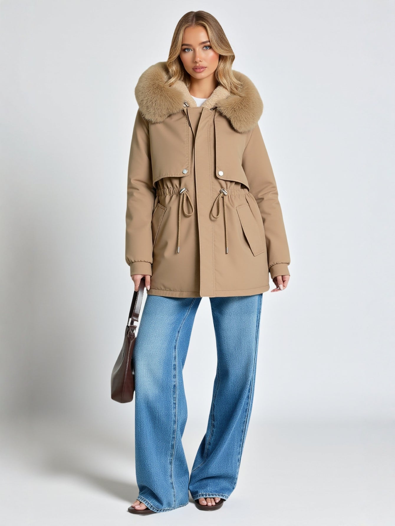 Women's Cotton-Padded Jacket Mid-Length Winter Coat Fur Trimmed Relaxed-Fit Fleece-Lined Parka Warm Outerwear