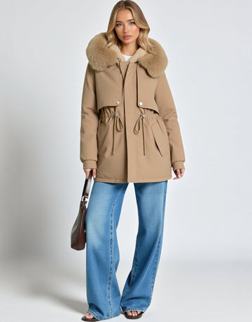 Women's Cotton-Padded Jacket Mid-Length Winter Coat Fur Trimmed Relaxed-Fit Fleece-Lined Parka Warm Outerwear