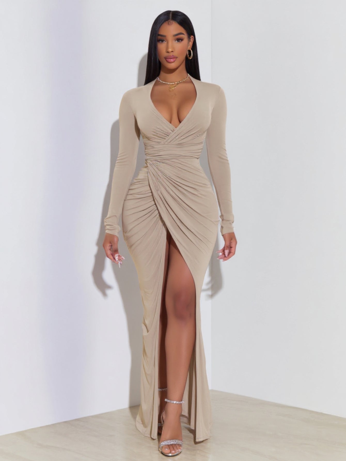 2025 Autumn Women's Dresses Sexy Slit Plain Long Sleeve V-Neck Elegant Sheath Ruched Maxi Evening Dresses