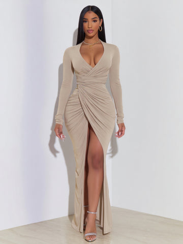 2025 Autumn Women's Dresses Sexy Slit Plain Long Sleeve V-Neck Elegant Sheath Ruched Maxi Evening Dresses