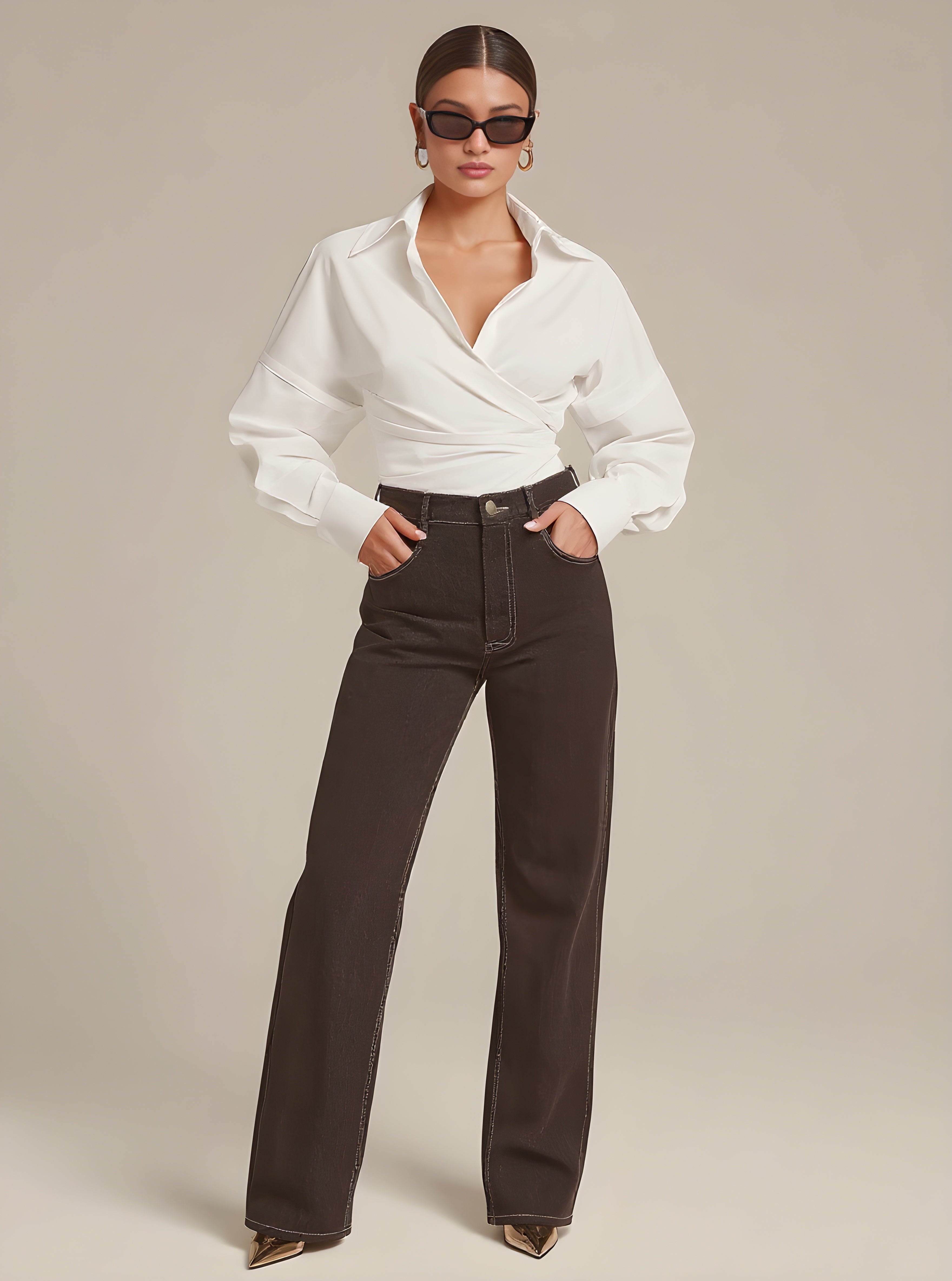 Autumn Shirts 2025 Women's Fashion Plain Long Cuff Sleeve Shirt Collar Nipped Waists Basics Shirts