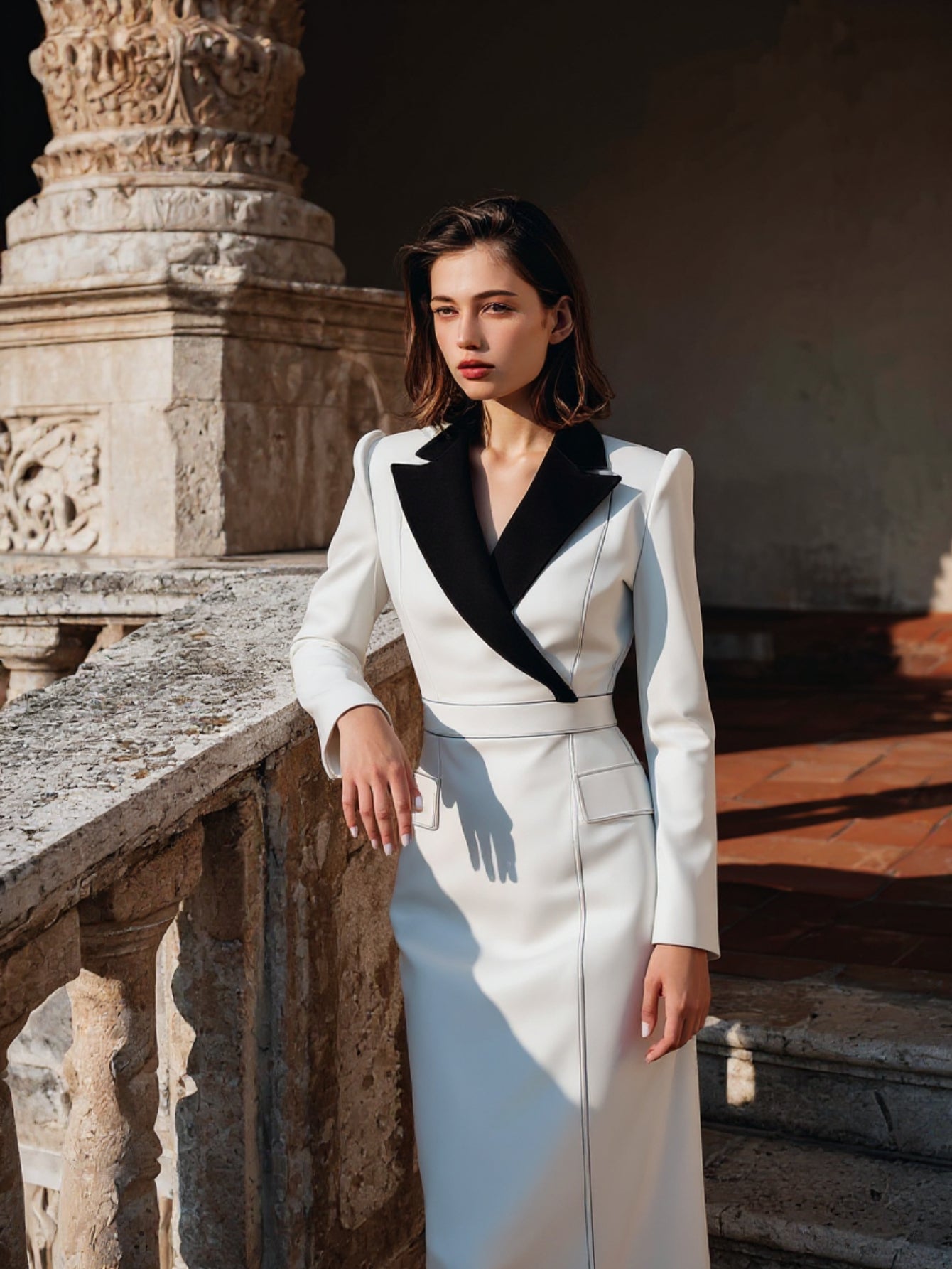 Women's Dress Autumn Elegant 2025 Plain Contrast Collar Blazer Lapel V-Neck Long Sleeve Slim Fit Midi Business Dress