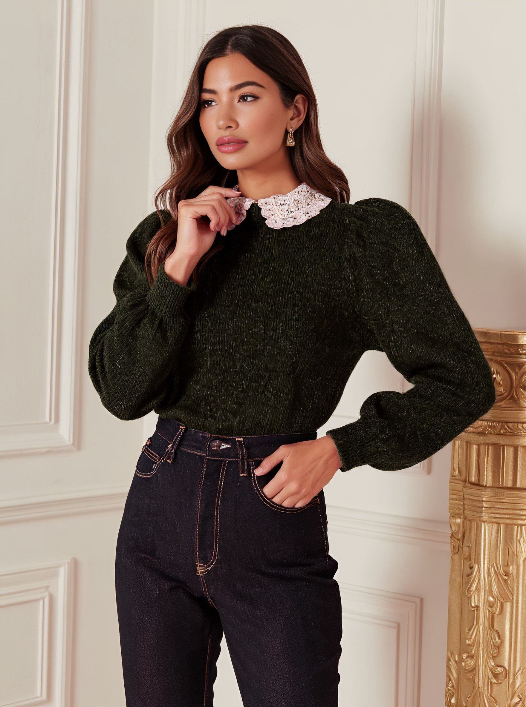 Casual Loose Long Sleeve Sweater Fake Two-Piece Collar Bubble Sleeve Style Regular Length Women's Top Fashion Autumn Wear