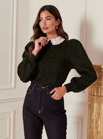 Casual Loose Long Sleeve Sweater Fake Two-Piece Collar Bubble Sleeve Style Regular Length Women's Top Fashion Autumn Wear