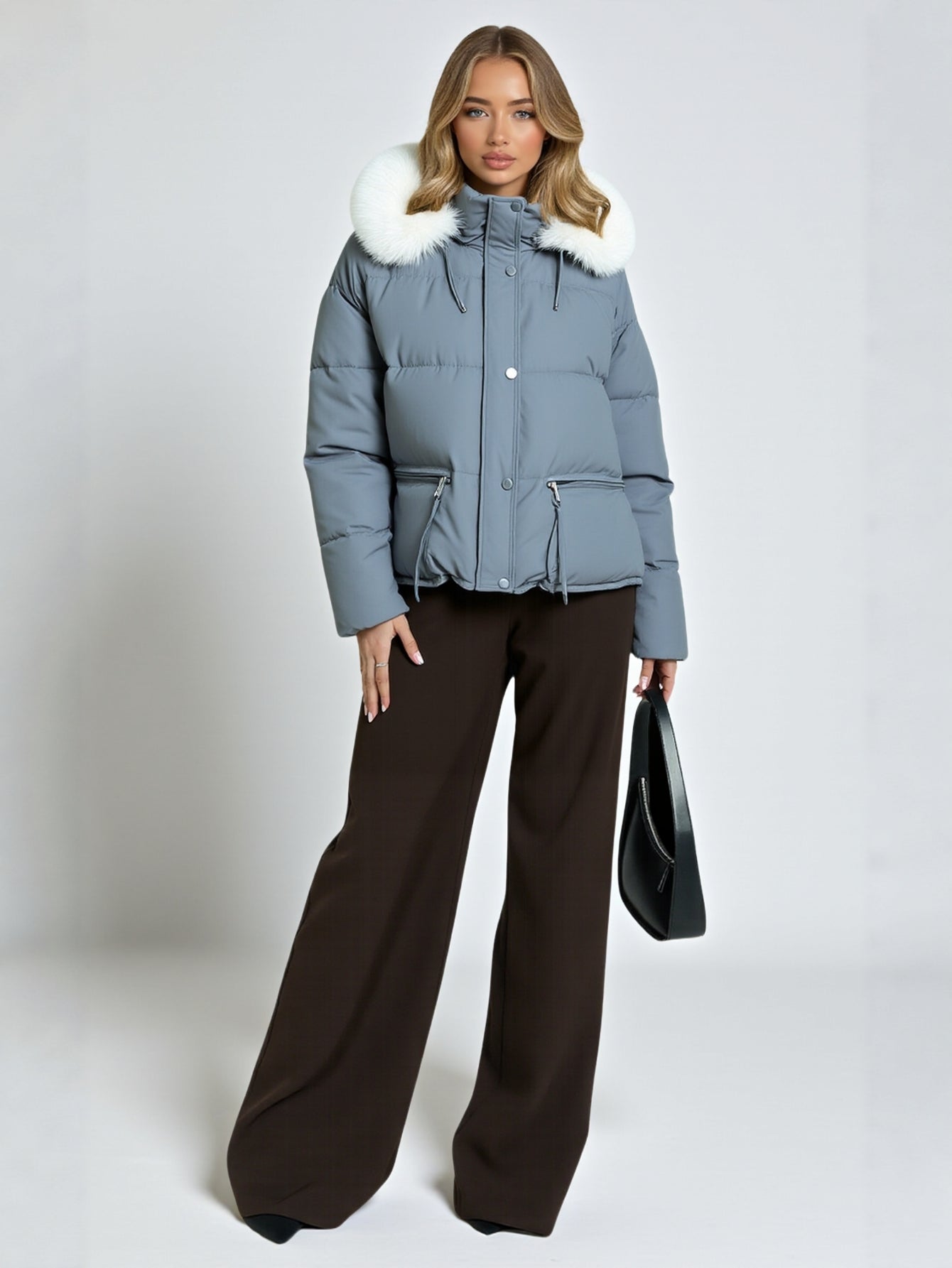 Women's  Cotton-Padded Jacket Large Fur Collar Contrast Color Loose Fit Short Style  Long Sleeve Hooded Casual