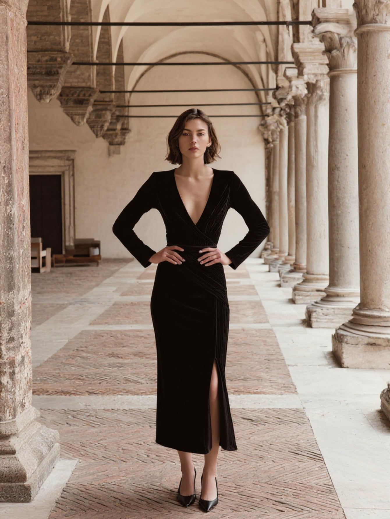 Women's Dress Autumn Elegant 2025 Plain Deep V-Neck Long Sleeve Bodycon Slim Fit Midi Front Slit Formal Dress