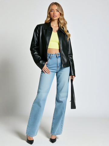 Women's Retro Lapel Zipper Leather Jacket Casual Style European And American Fashion for Ladies