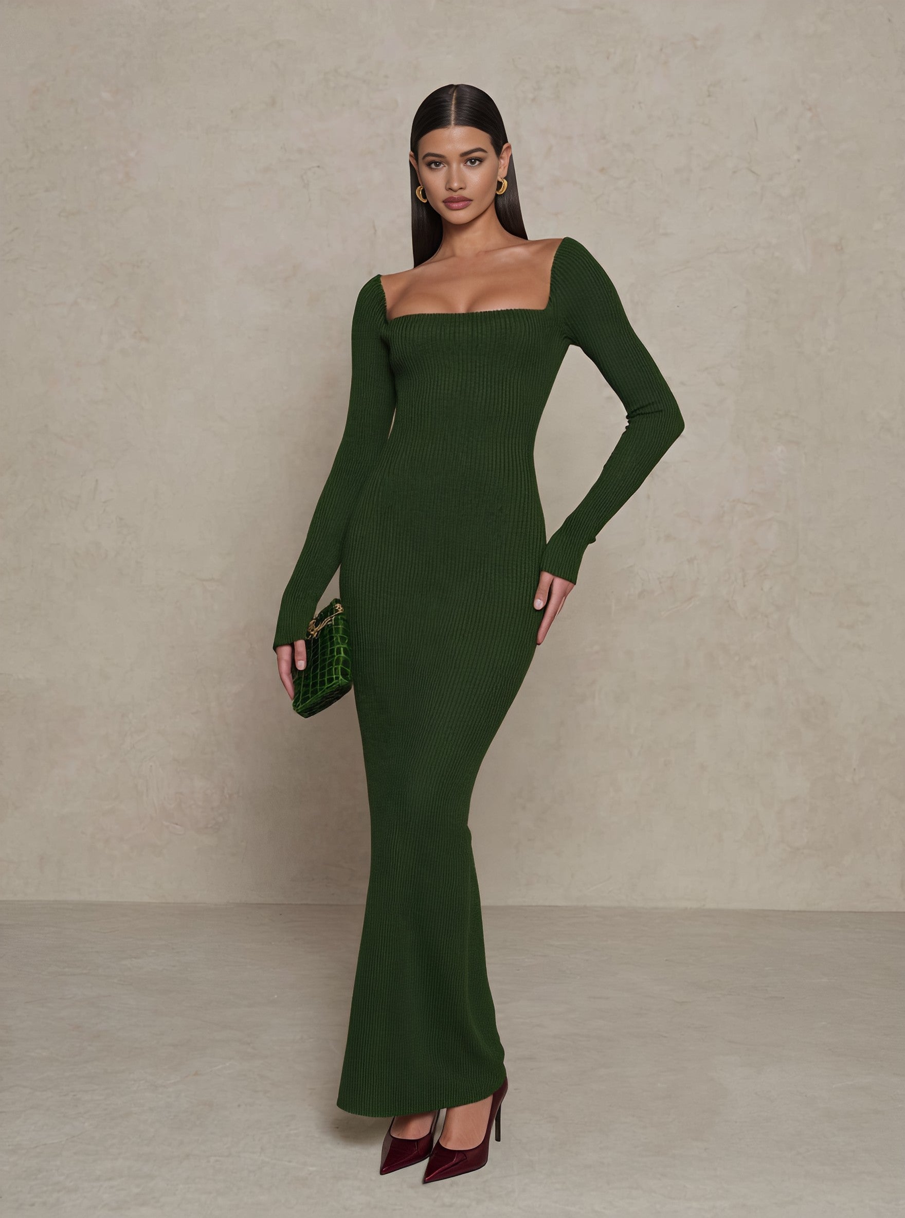 Autumn Tight Fit Dress Square Collar Mid-Length A-Line Skirt Casual Style Straight Sleeve Length Women's Fashion Dress