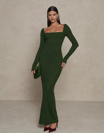 Autumn Tight Fit Dress Square Collar Mid-Length A-Line Skirt Casual Style Straight Sleeve Length Women's Fashion Dress