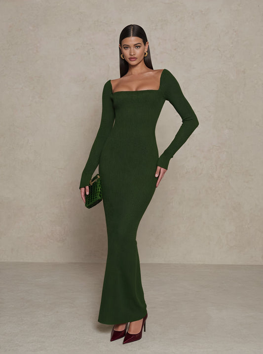 Autumn Tight Fit Dress Square Collar Mid-Length A-Line Skirt Casual Style Straight Sleeve Length Women's Fashion Dress