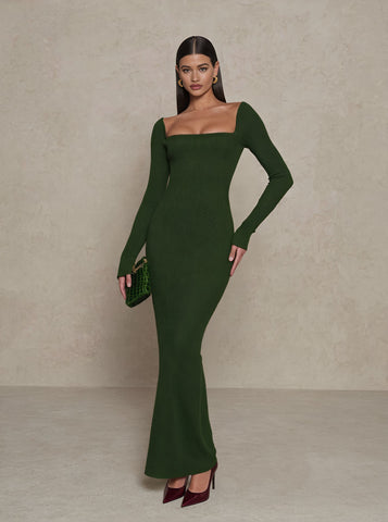 Autumn Tight Fit Dress Square Collar Mid-Length A-Line Skirt Casual Style Straight Sleeve Length Women's Fashion Dress