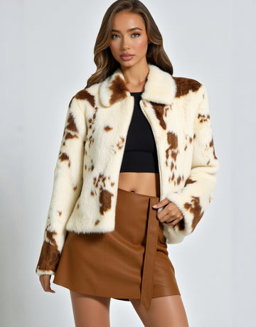 Fashion Unbuttoned Women's Faux Fur Comfortable Jacket Autumn Animal Print Design Wild Style