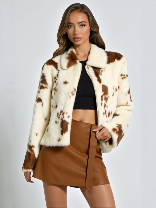 Fashion Unbuttoned Women's Faux Fur Comfortable Jacket Autumn Animal Print Design Wild Style 