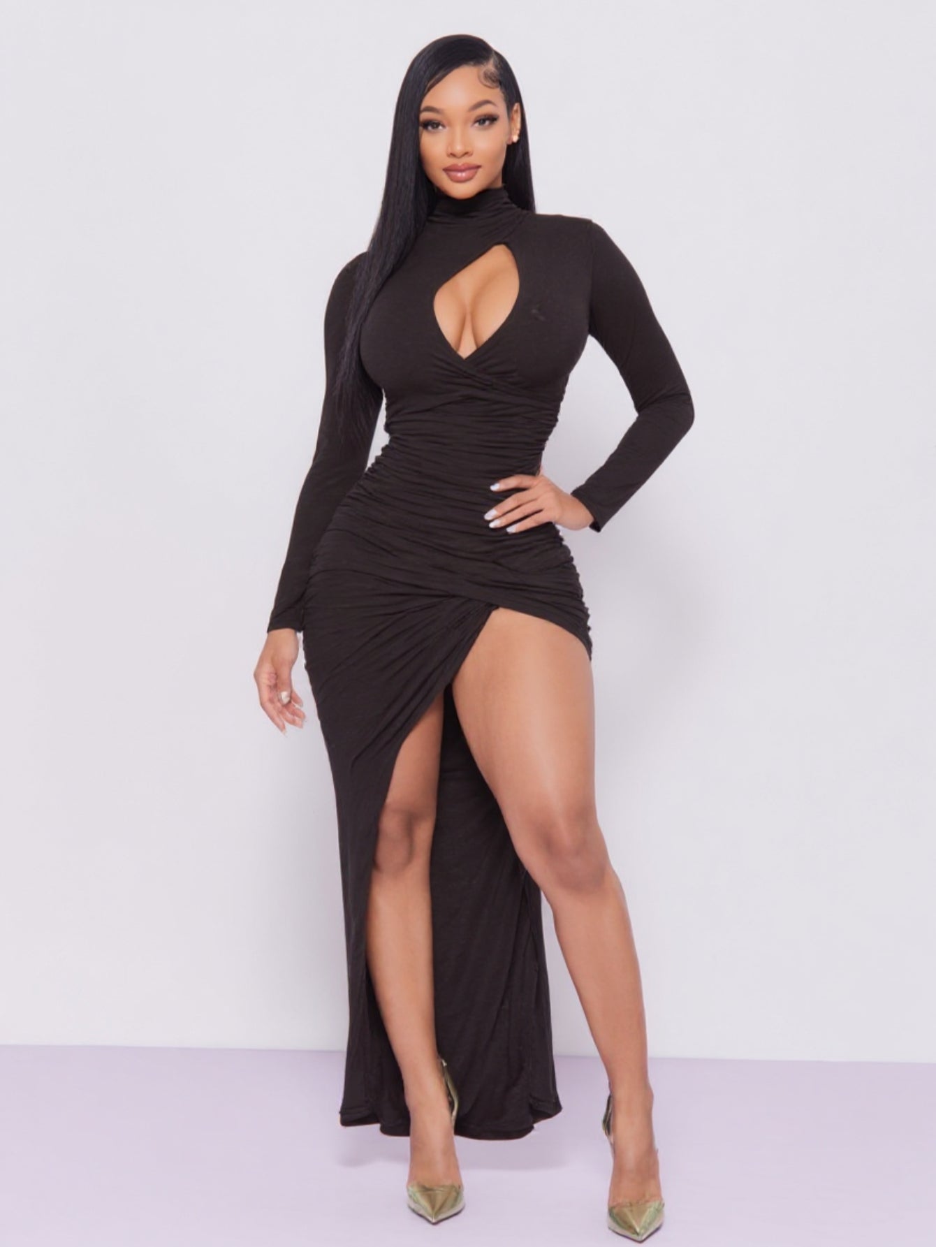 2025 Autumn Women's Dresses Sexy Plain Long Sleeve High Neck Ruched Cut-Out High-Slit Maxi Evening Dresses