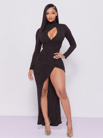 2025 Autumn Women's Dresses Sexy Plain Long Sleeve High Neck Ruched Cut-Out High-Slit Maxi Evening Dresses