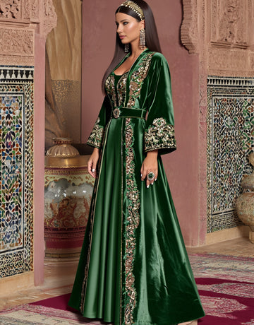 Loose Casual Autumn Abaya With Lace Sleeves And Round Neck Long Skirt Style Muslim Women's Fashion Arabic Robe