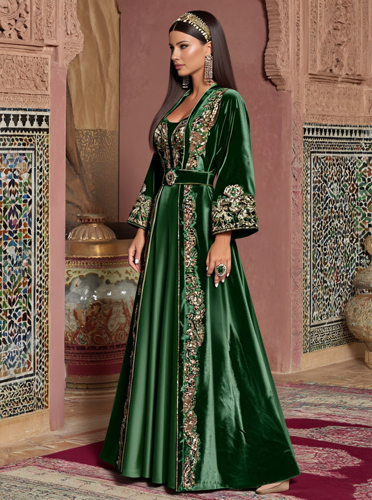 Loose Casual Autumn Abaya With Lace Sleeves And Round Neck Long Skirt Style Muslim Women's Fashion Arabic Robe