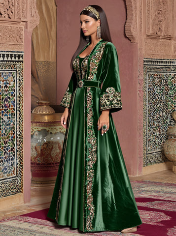 Loose Casual Autumn Abaya With Lace Sleeves And Round Neck Long Skirt Style Muslim Women's Fashion Arabic Robe