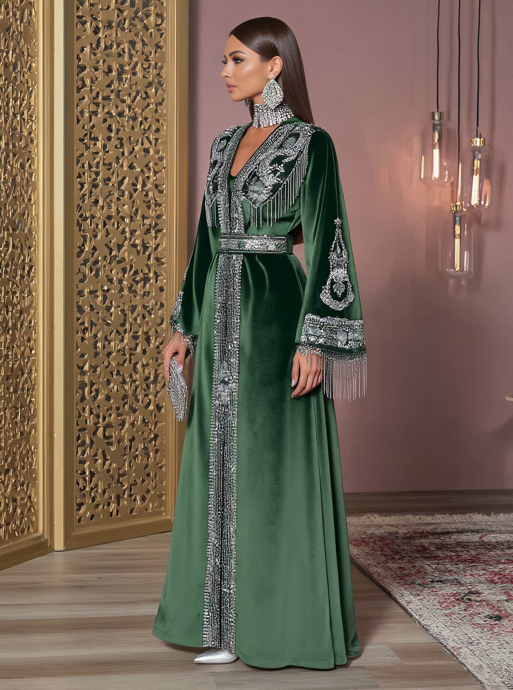 Autumn Casual Jalabiyas Long Dress V-Neck Bell Sleeve A-Line Skirt Style Muslim Fashion Arabic Robe Women's Clothing