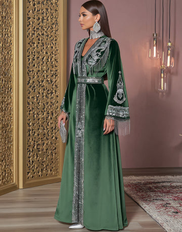 Autumn Casual Jalabiyas Long Dress V-Neck Bell Sleeve A-Line Skirt Style Muslim Fashion Arabic Robe Women's Clothing