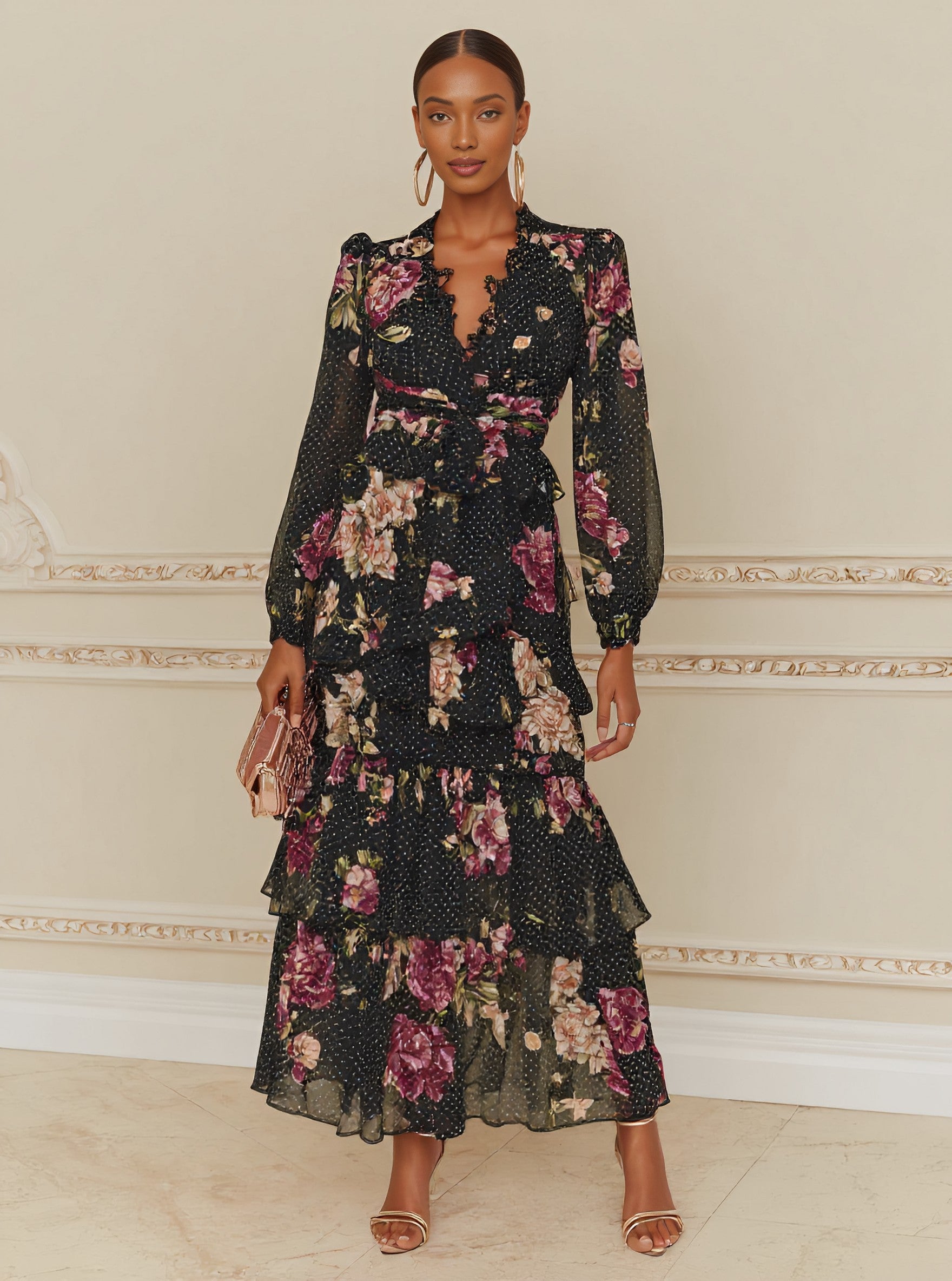 Autumn Casual Fit A-Line Dress Mid-Length Skirt V-Neck Straight Sleeve Midi Dress Elegant Comfortable Women's Fashion