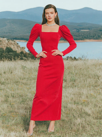 Women's Dress Autumn Elegant 2025 Plain Square Neck Puff Sleeve Bodycon Midi Evening Formal Dress