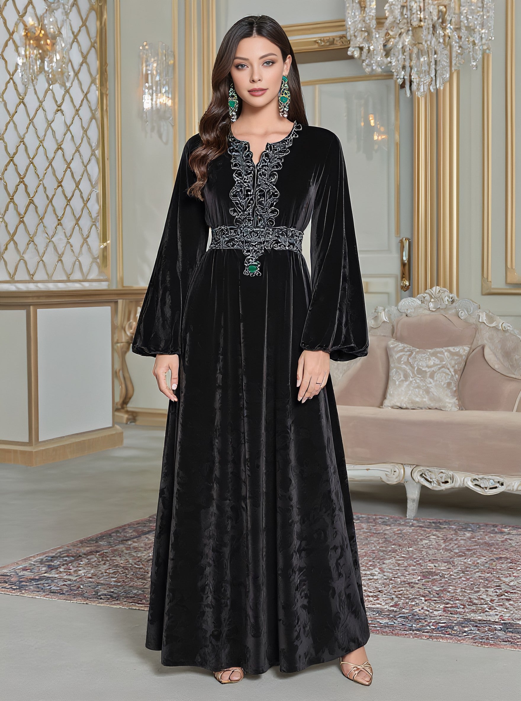 Autumn Long Dress Casual Style Split Neck A-Line Skirt Flounce Sleeve Body-Fitting Muslim Fashion Women's Dress