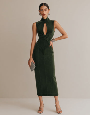 Autumn Dresses 2025 Women's Elegant Plain Sleeveless Mandarin Collar Cut-Out Folds Party Midi Dresses