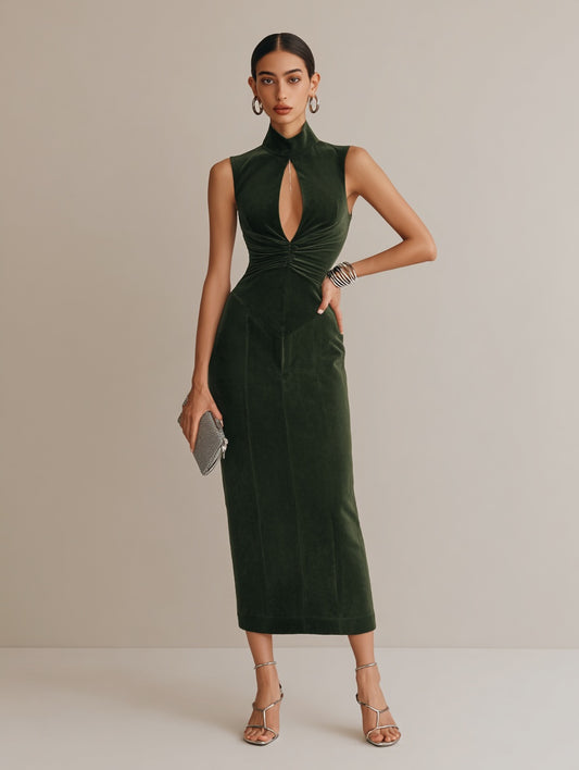 Autumn Dresses 2025 Women's Elegant Plain Sleeveless Mandarin Collar Cut-Out Folds Party Midi Dresses