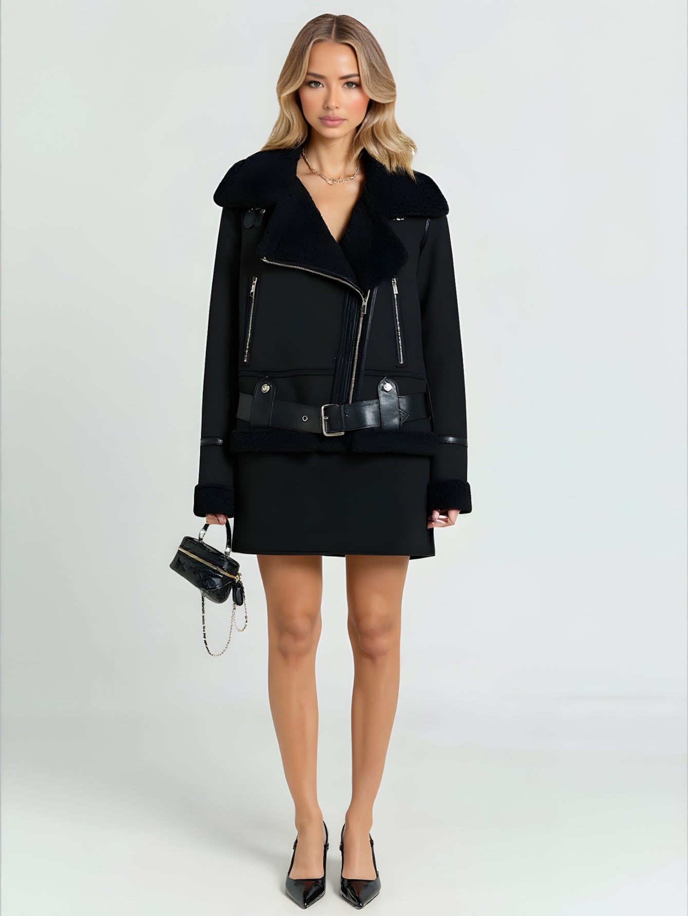 Women's Imitation Leather Fleece-Lined Thickened Warm Jacket European And American Style Cashmere Cotton Outerwear