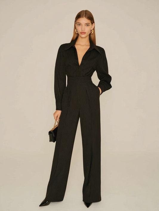 Women's Autumn Sets Fashion Basics Stripes Long Sleeve Lapel Top Natural Waist Full Length Straight Pants Sets