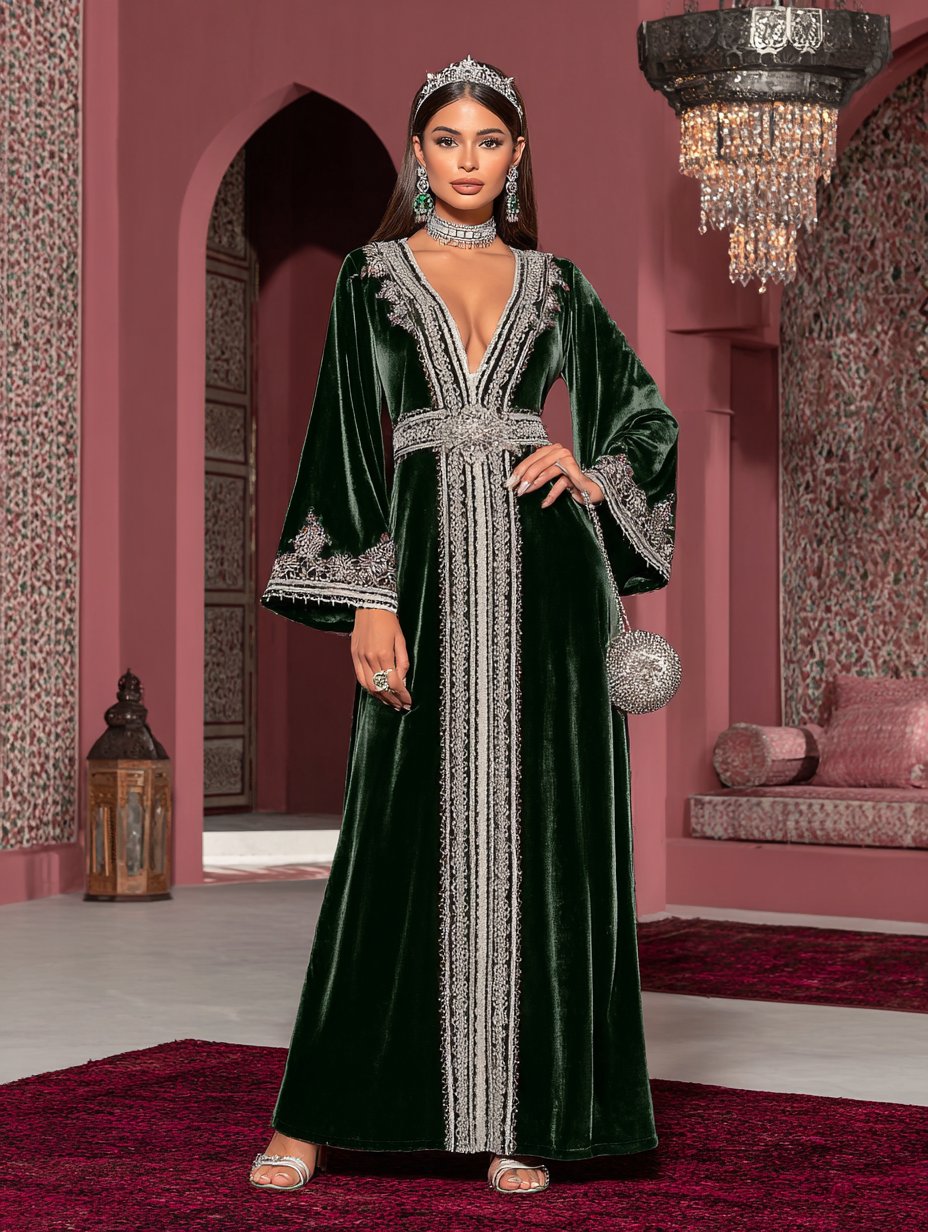 Casual Fit A-Line Dress Long V-Neck Gored Sleeve Muslim Fashion Women's Dress Autumn Collection