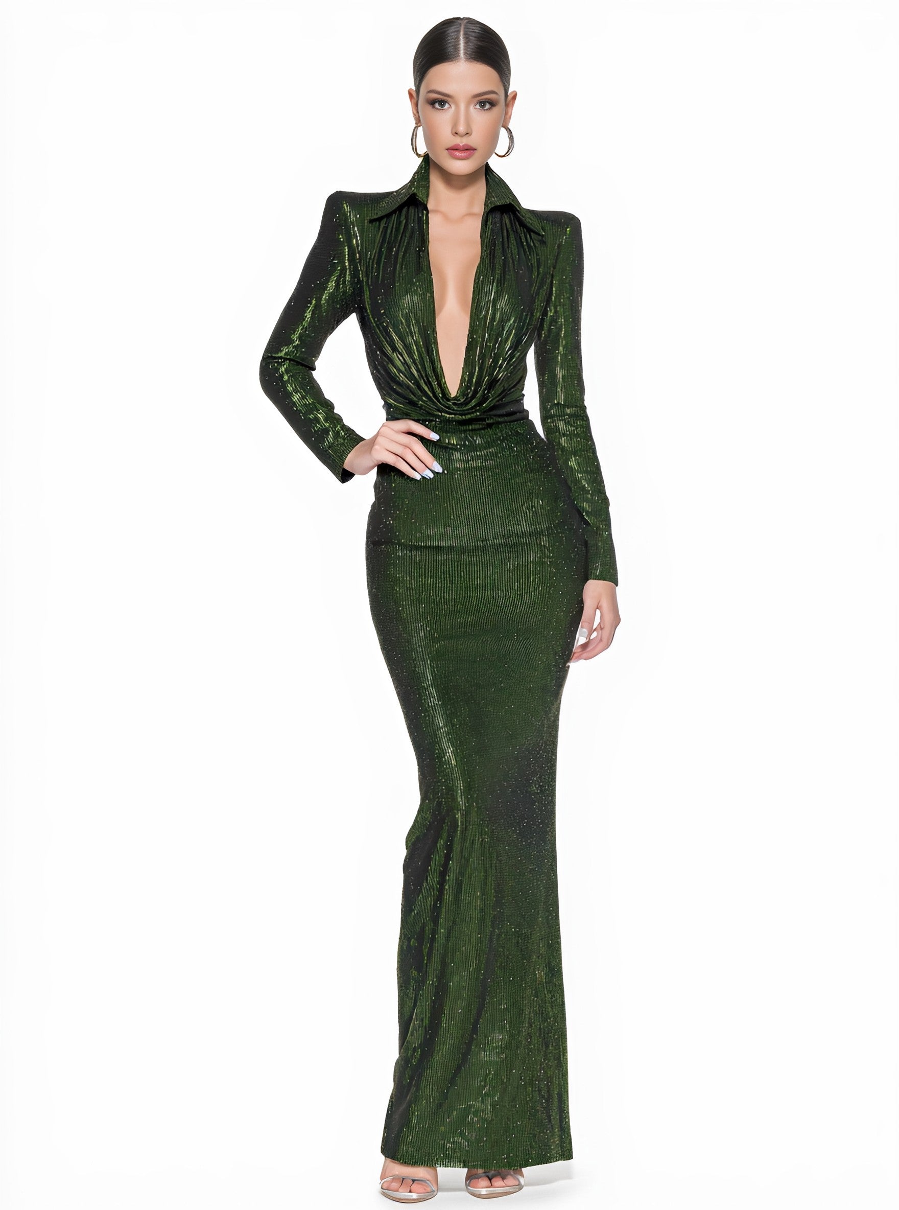 Casual Mid-Length Tight-Fit Dress With Flip-Collar And Straight-Sleeve Floor-Length Skirt For Autumn Season