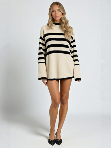 European American Fashion Contrast Striped Turtleneck Pullover Long Sleeve Knitted Sweater Women Winter New