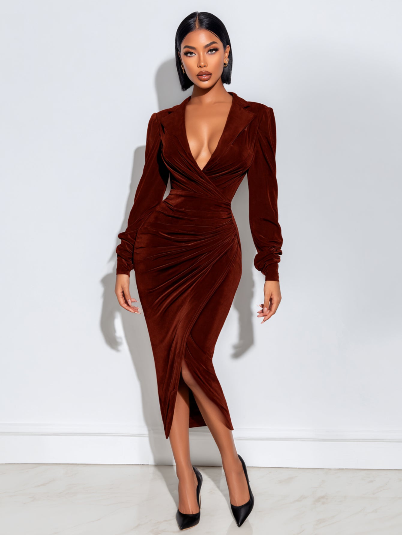 2025 Autumn Women's Dresses Sexy Plain Long Sleeve Plunge Neck Lapel Side Slit Elegant Midi Evening Dresses