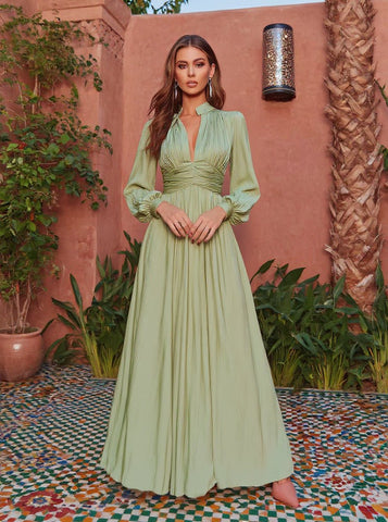 Women's Dresses Autumn Winter Daily 2025 Plain Long Sleeve Deep V Neck Maxi A-line Sexy Dresses