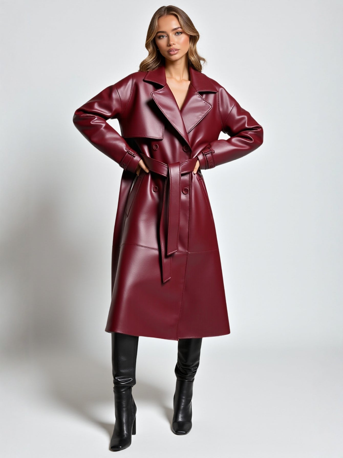 European and American Style 2025 New Winter Women's Retro Lapel Long-Sleeved Waist Lace-Up Double-Breasted Imitation Leather Outwear Jacket