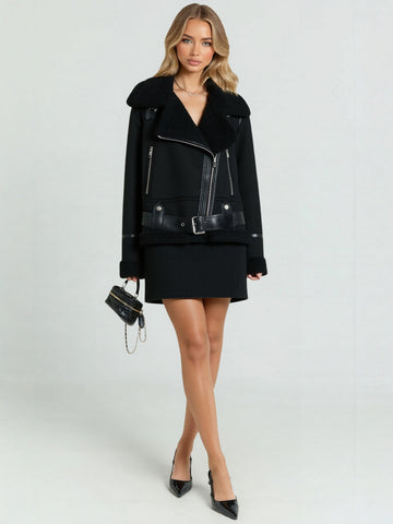 Women's Imitation Leather Fleece-Lined Thickened Warm Jacket European And American Style Cashmere Cotton Outerwear